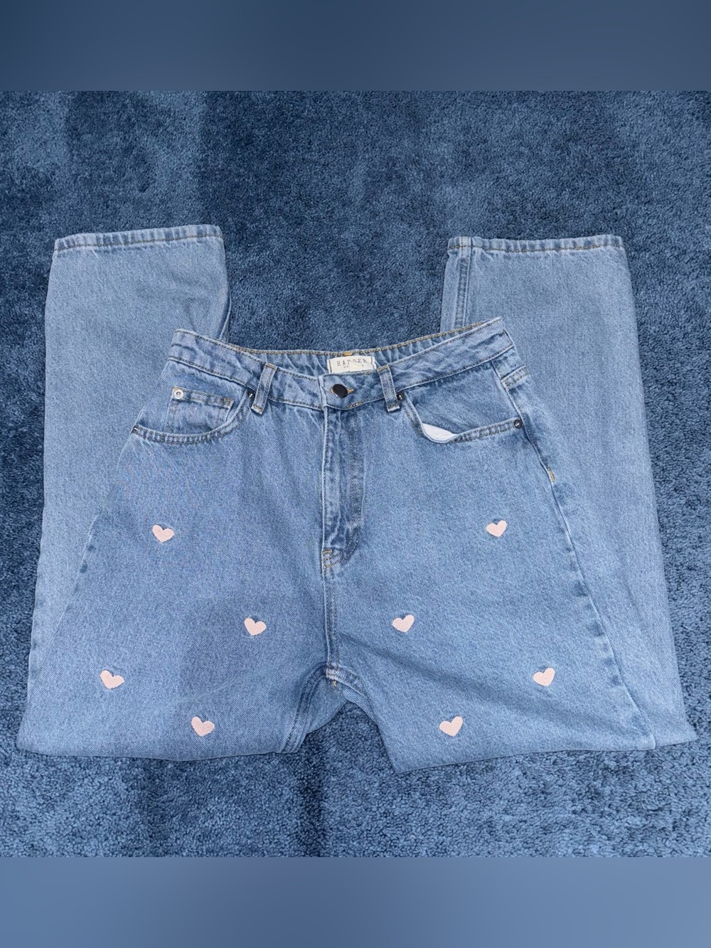 High-Rise Light Blue Denim Jeans with Pink Heart Accents